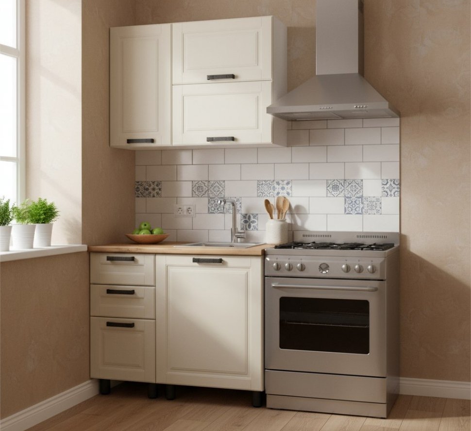 Кухня Аленушка 1 м с 3 ящ. Астра Крем,скоба черный,сонома