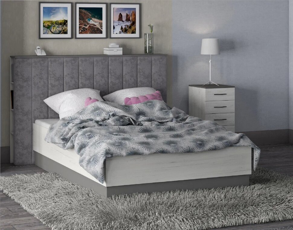Бастион Кровать с п/м 1600 Дуб Крафт белый / Серый шифер