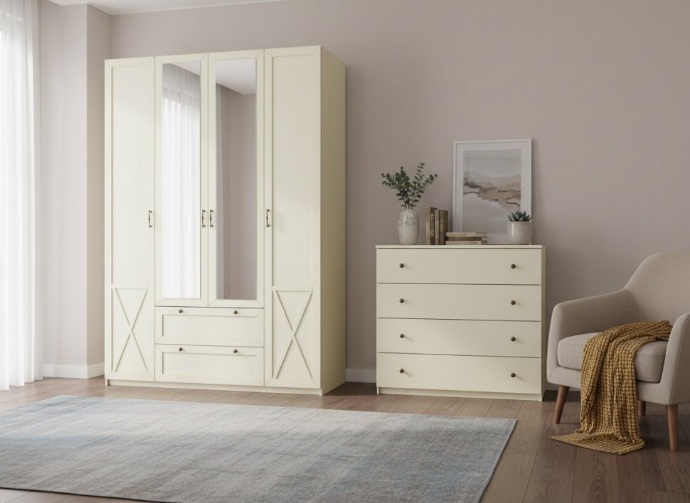 Бэль Шкаф четырехдверный / Слоновая кость