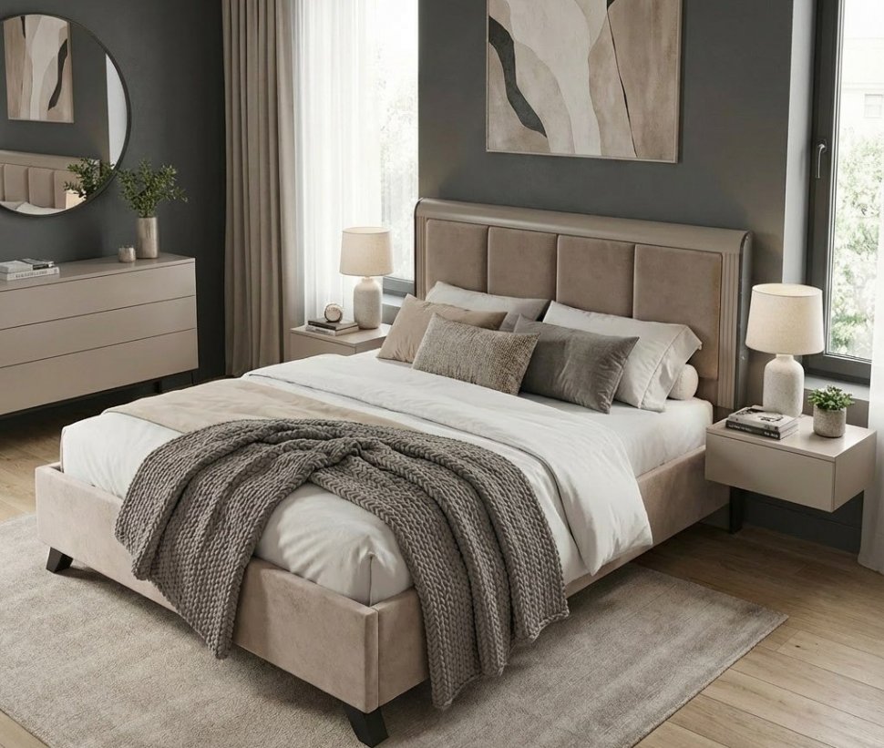 Фиделия кровать двойная 76.14 с под. мех. серый камень / мрамор черный