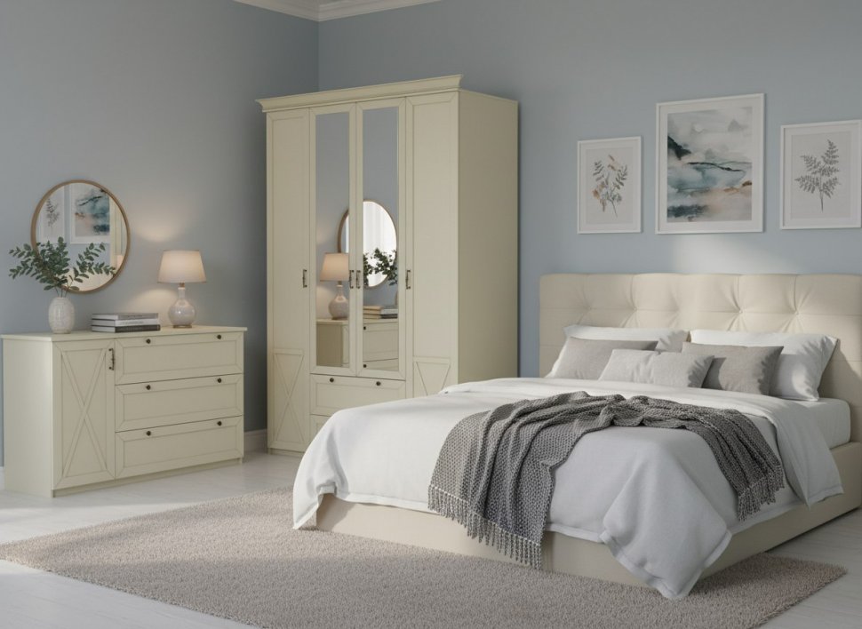 Бэль Шкаф четырехдверный + Карнизы 1602/550 / Слоновая кость