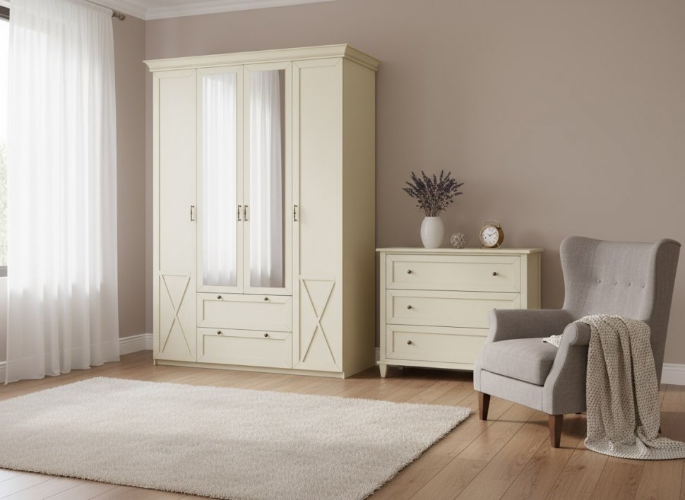 Бэль Шкаф четырехдверный + Карнизы 1602/550 / Слоновая кость