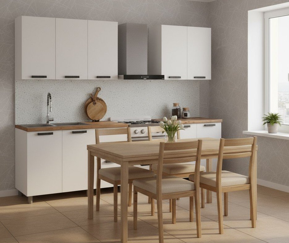 Кухня Аленушка 2 м Магнолия Молочный/Молочный,скоба черный,черный