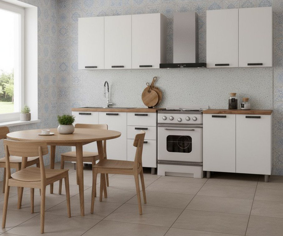 Кухня Аленушка 2 м Магнолия Молочный/Молочный,скоба черный,черный