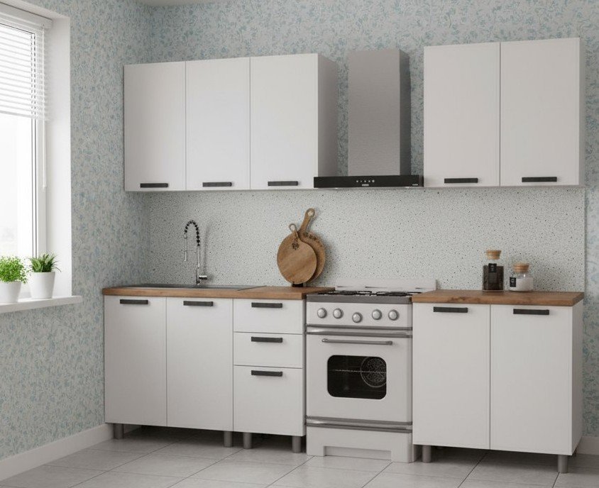 Кухня Аленушка 2 м Магнолия Молочный/Молочный,скоба черный,черный