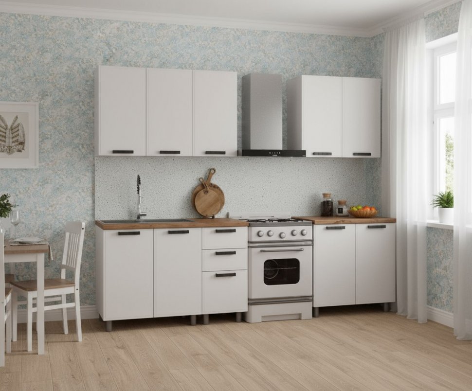 Кухня Аленушка 2 м Магнолия Молочный/Молочный,скоба черный,черный