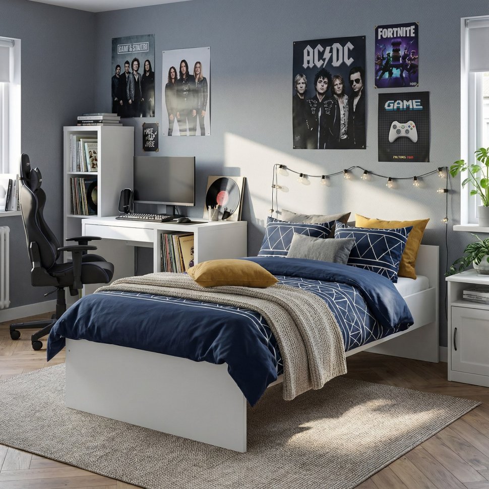 Токио кровать одинарная 0,9 с основанием / Белый текстурный