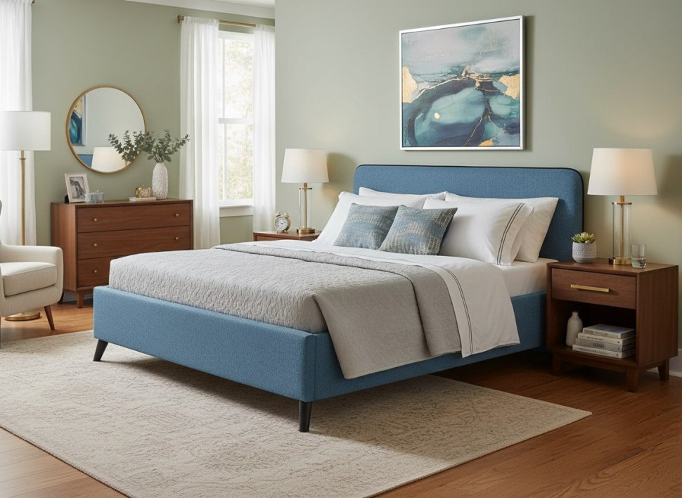 Миа кровать 180 Bravo blue (светло-синий) / кант Лайт 10 Велюр (коричневый)