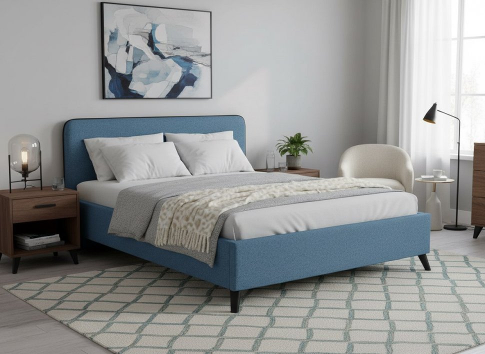 Миа кровать 180 Bravo blue (светло-синий) / кант Лайт 10 Велюр (коричневый)