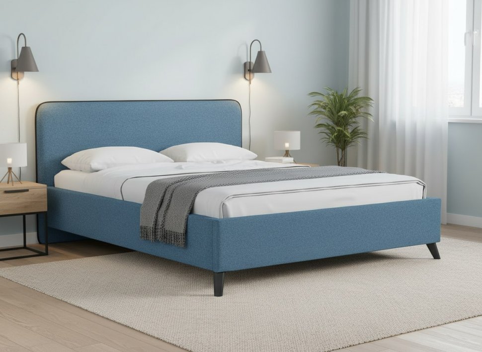 Миа кровать 180 Bravo blue (светло-синий) / кант Лайт 10 Велюр (коричневый)