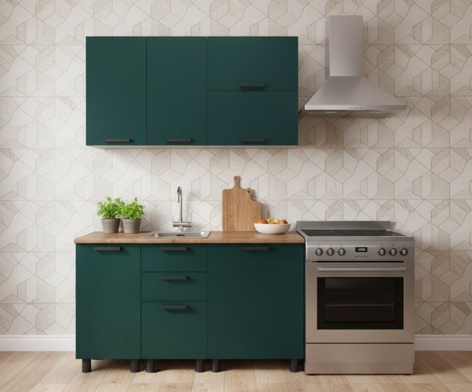 Кухня Аленушка 1,4м с ящ. Лаванда Изумруд,скоба черный,сонома