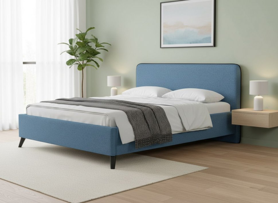 Миа кровать 160 Bravo blue (светло-синий) / кант Лайт 10 Велюр (коричневый)