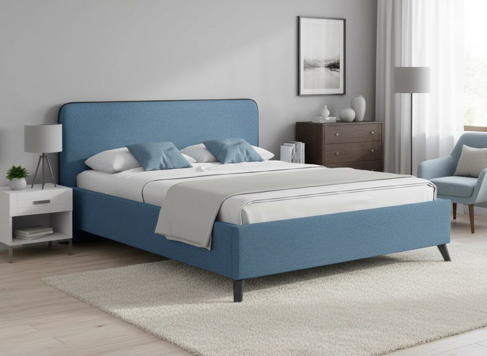 Миа кровать 160 Bravo blue (светло-синий) / кант Лайт 10 Велюр (коричневый)