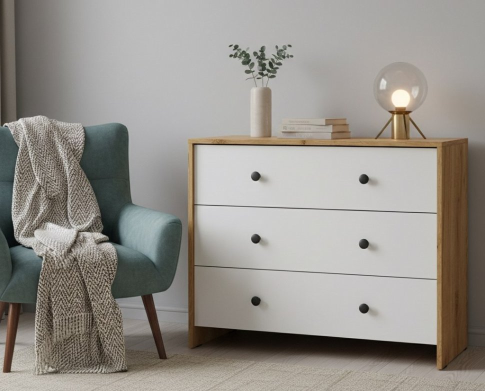 Дольче комод 3 ящика / Дуб золотой/Белый