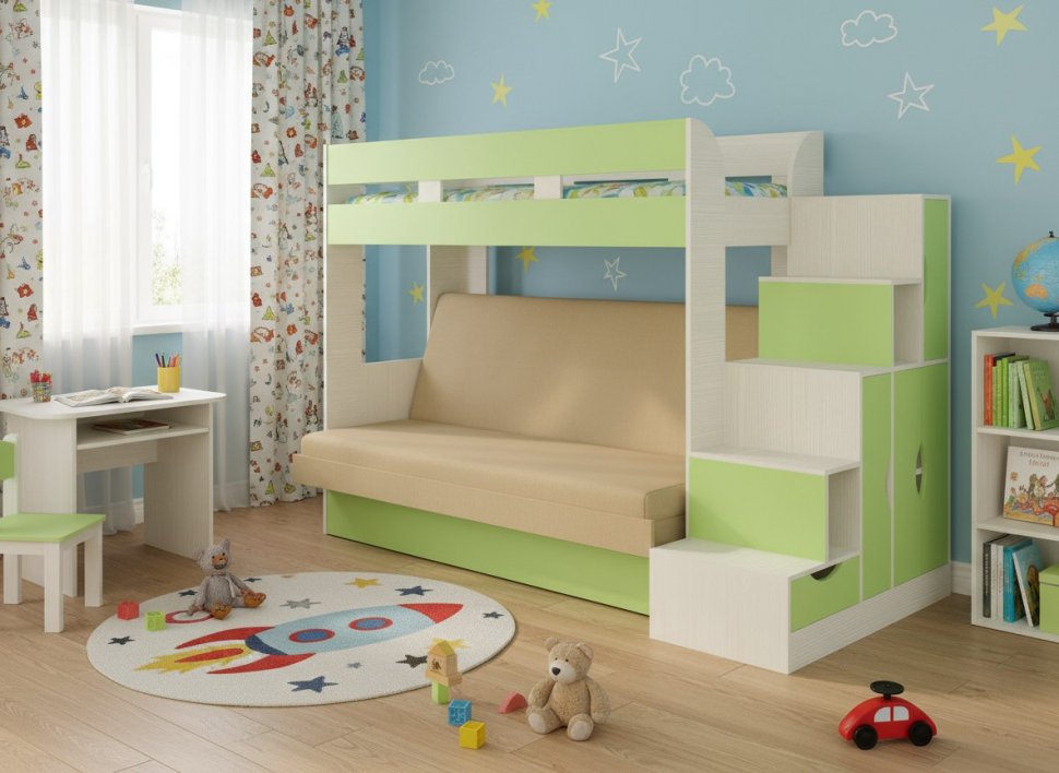 Карамель 75-01 Кровать-чердак Зеленый / Бодега светлый / Велюр Бежевый