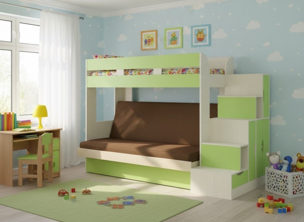 Карамель 75-01 Кровать-чердак Зеленый / Бодега светлый / Велюр Коричневый