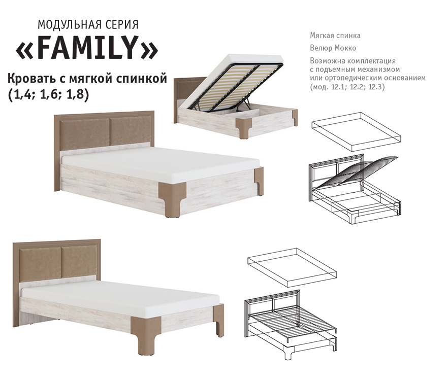 Кровать 160х200 FAMILY №12.2 МСТ (с мягкой спинкой)