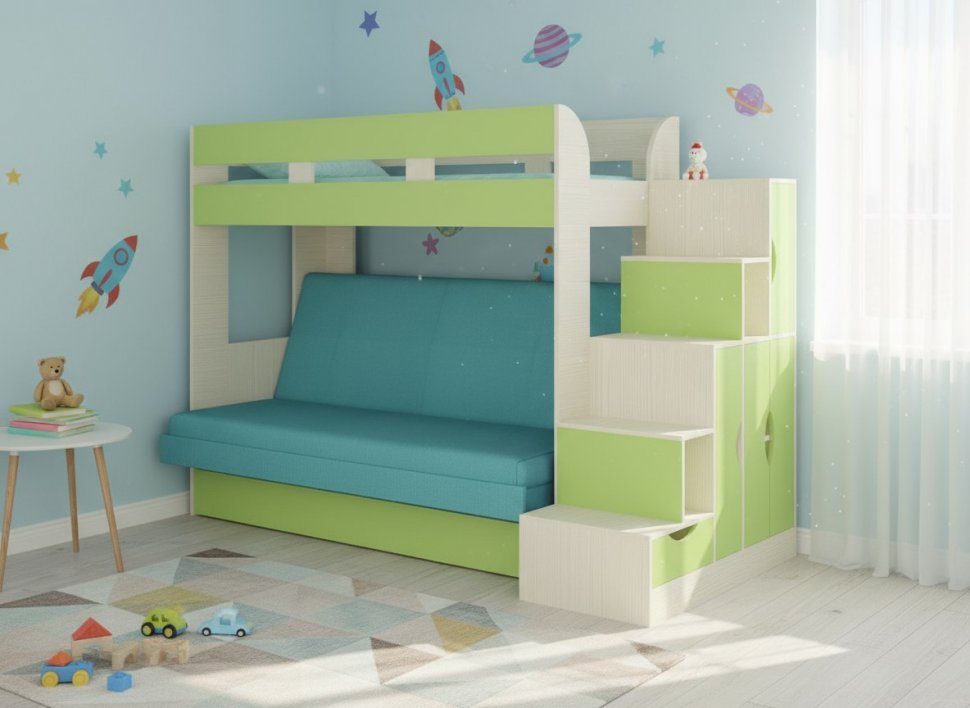 Карамель 75-01 Кровать-чердак Зеленый / Бодега светлый / Велюр Морская волна