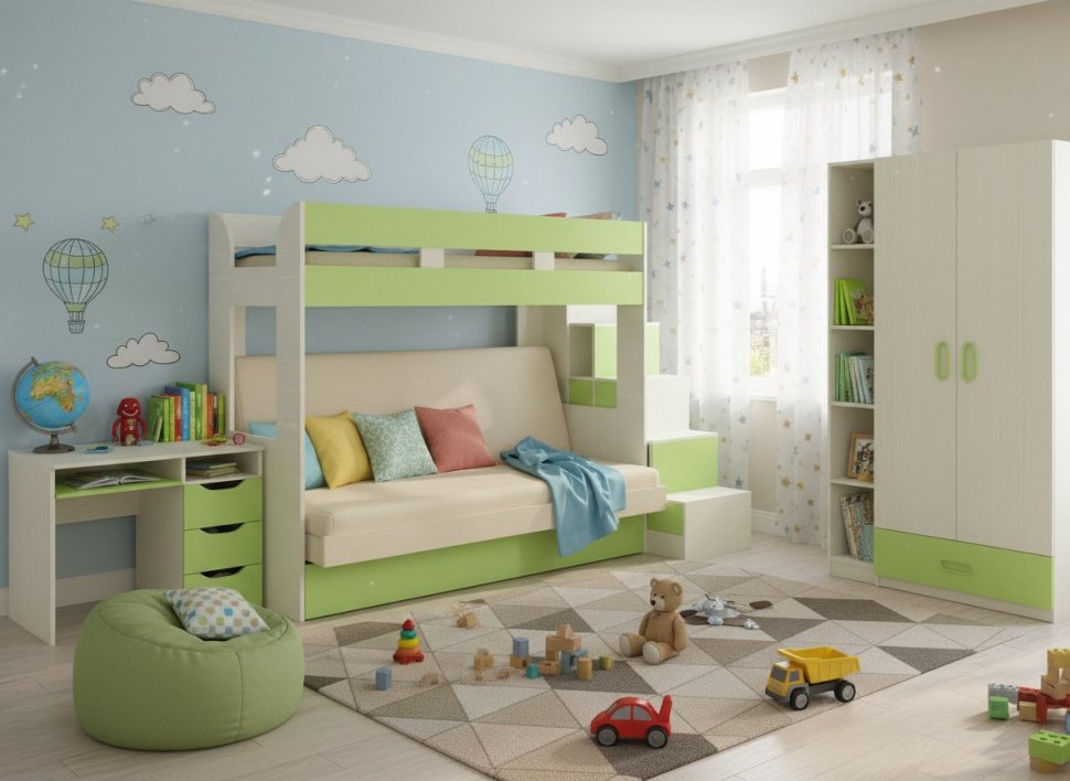 Карамель 75-01 Кровать-чердак Зеленый / Бодега светлый / Велюр Кремовый