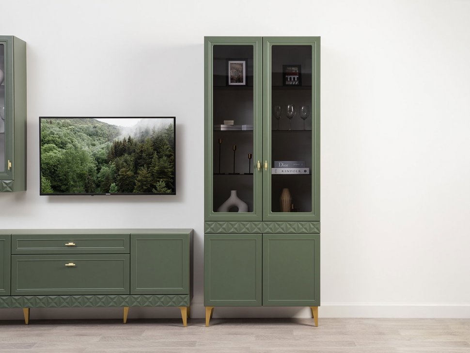 Марион шкаф-витрина 16.397.02 Дымчатый зеленый / Олива шагрень