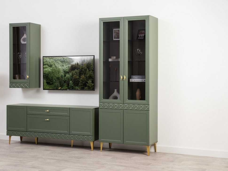 Марион шкаф-витрина 16.397.02 Дымчатый зеленый / Олива шагрень