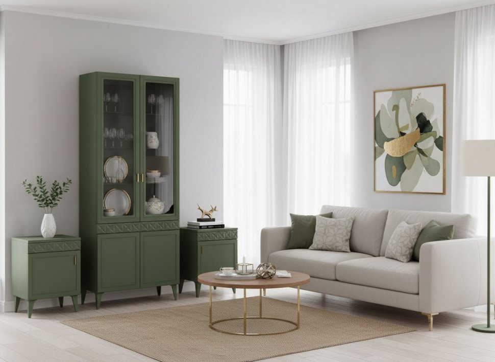 Марион шкаф-витрина 16.397.02 Дымчатый зеленый / Олива шагрень