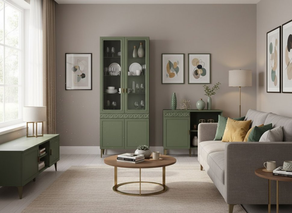 Марион шкаф-витрина 16.397.02 Дымчатый зеленый / Олива шагрень