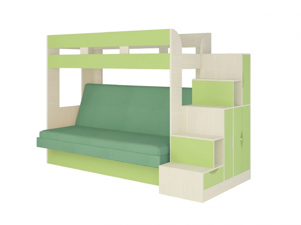 Карамель 75-01 Кровать-чердак Зеленый / Бодега светлый / Велюр Зеленый