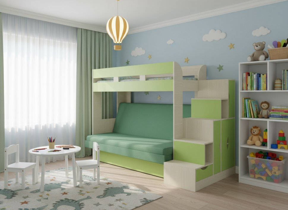 Карамель 75-01 Кровать-чердак Зеленый / Бодега светлый / Велюр Зеленый