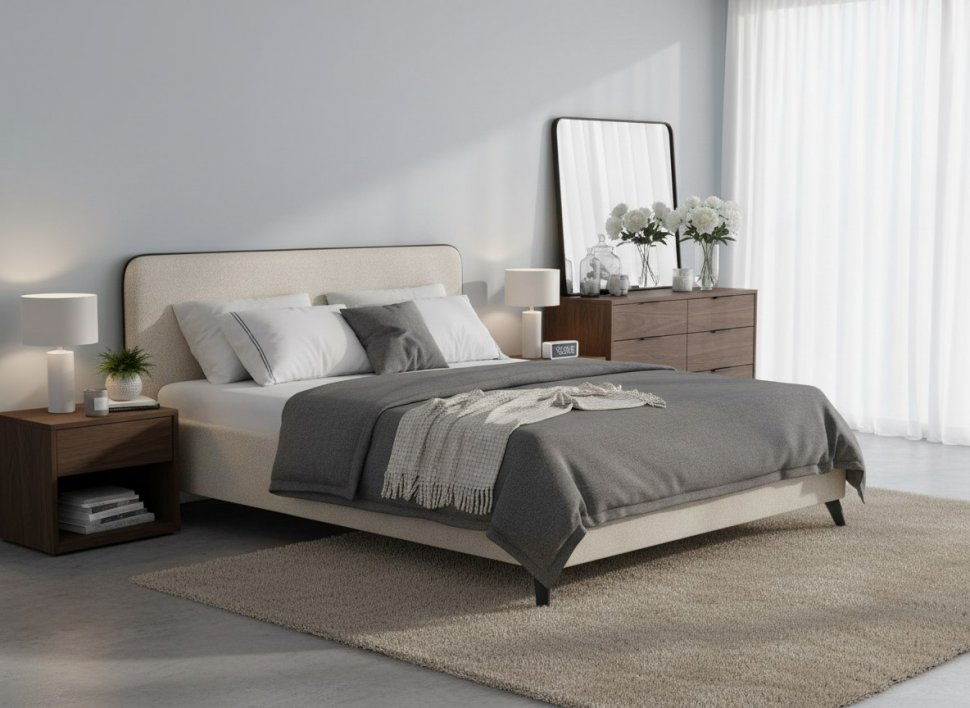 Миа кровать 160 Bravo white (светло-бежевый) / кант Лайт 10 Велюр (коричневый)