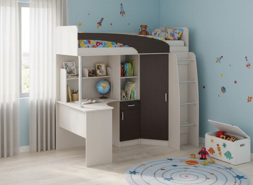Карамель 77-01 кровать-чердак со столом Ясень анкор Светлый / Бодега темный