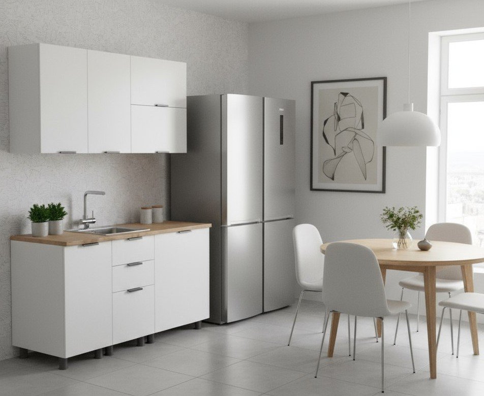 Кухня Аленушка 1,4м с ящ. Лотос Молочный,скоба антрацит,черный