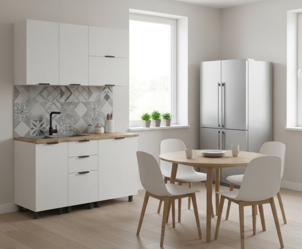 Кухня Аленушка 1,4м с ящ. Лотос Молочный,скоба антрацит,черный