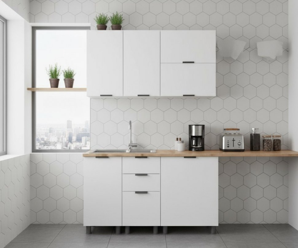 Кухня Аленушка 1,4м с ящ. Лотос Молочный,скоба антрацит,черный