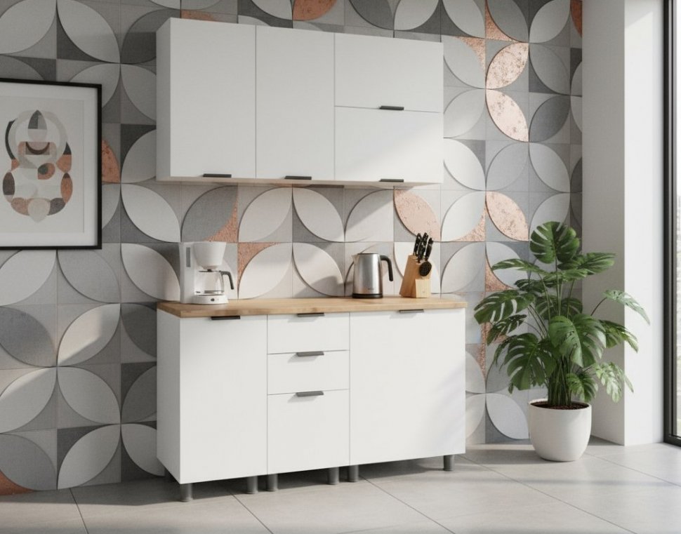 Кухня Аленушка 1,4м с ящ. Лотос Молочный,скоба антрацит,черный