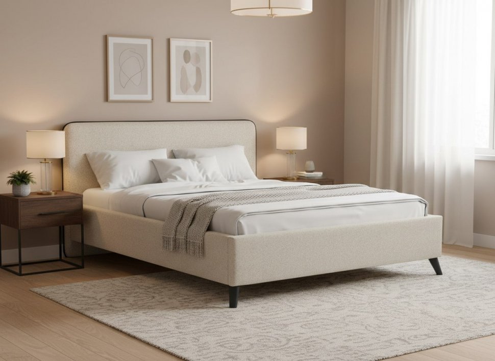 Миа кровать 180 Bravo white (светло-бежевый) / кант Лайт 10 Велюр (коричневый)