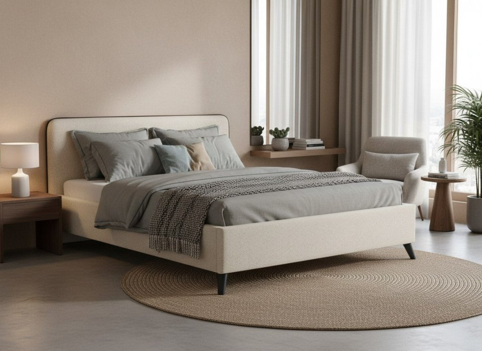 Миа кровать 180 Bravo white (светло-бежевый) / кант Лайт 10 Велюр (коричневый)