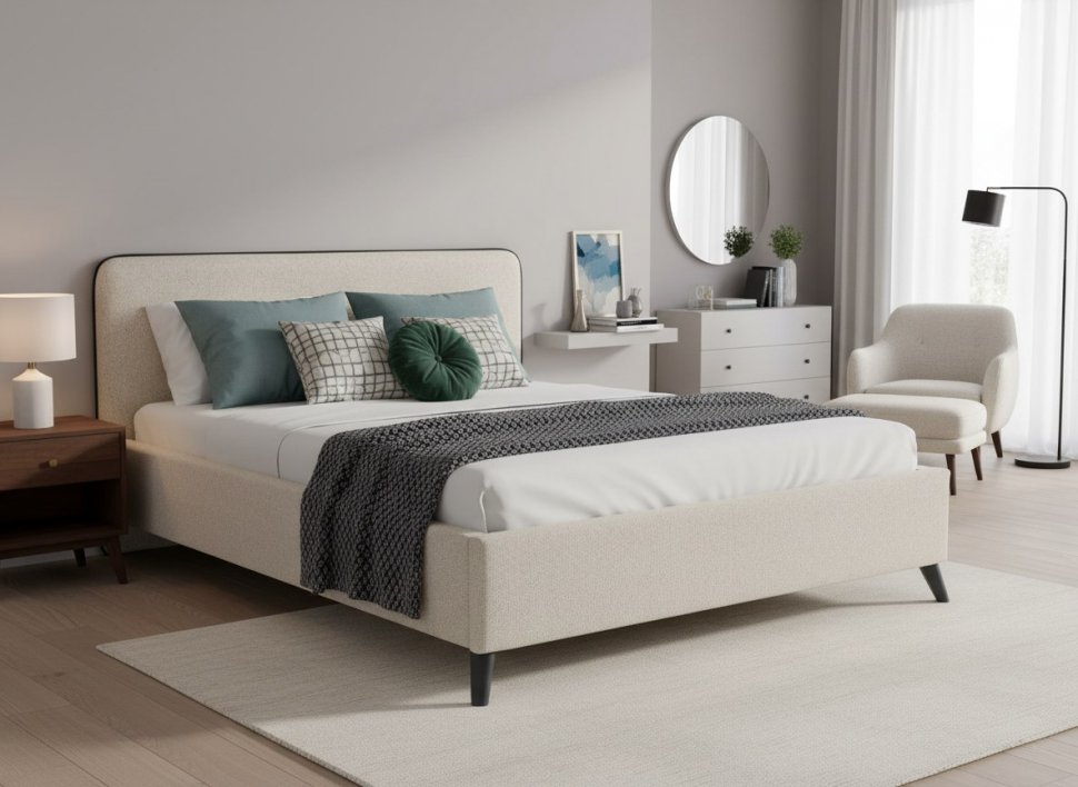 Миа кровать 180 Bravo white (светло-бежевый) / кант Лайт 10 Велюр (коричневый)