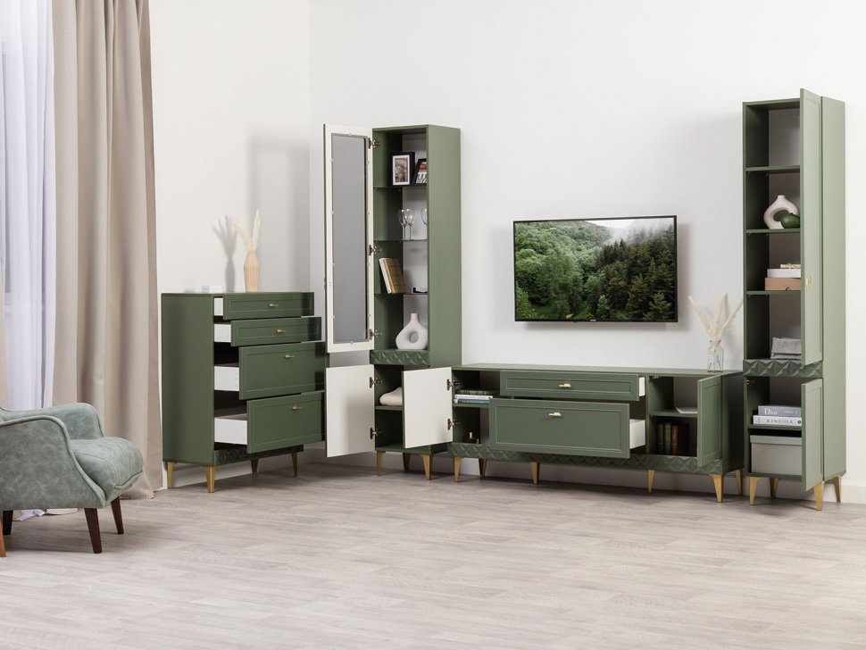 Марион шкаф-витрина 16.397.01 Дымчатый зеленый / Олива шагрень