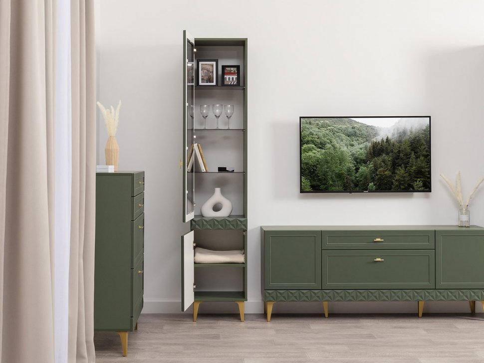 Марион шкаф-витрина 16.397.01 Дымчатый зеленый / Олива шагрень