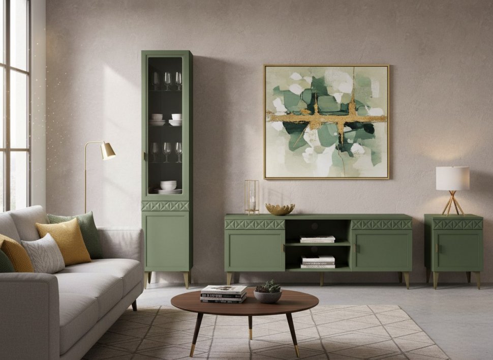 Марион шкаф-витрина 16.397.01 Дымчатый зеленый / Олива шагрень