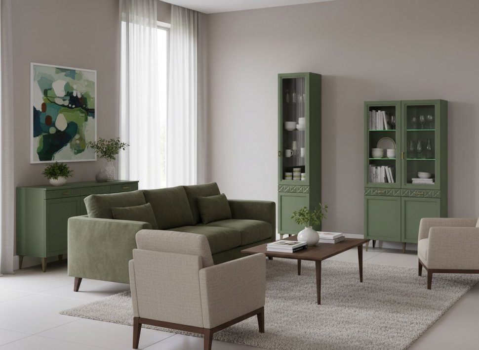 Марион шкаф-витрина 16.397.01 Дымчатый зеленый / Олива шагрень