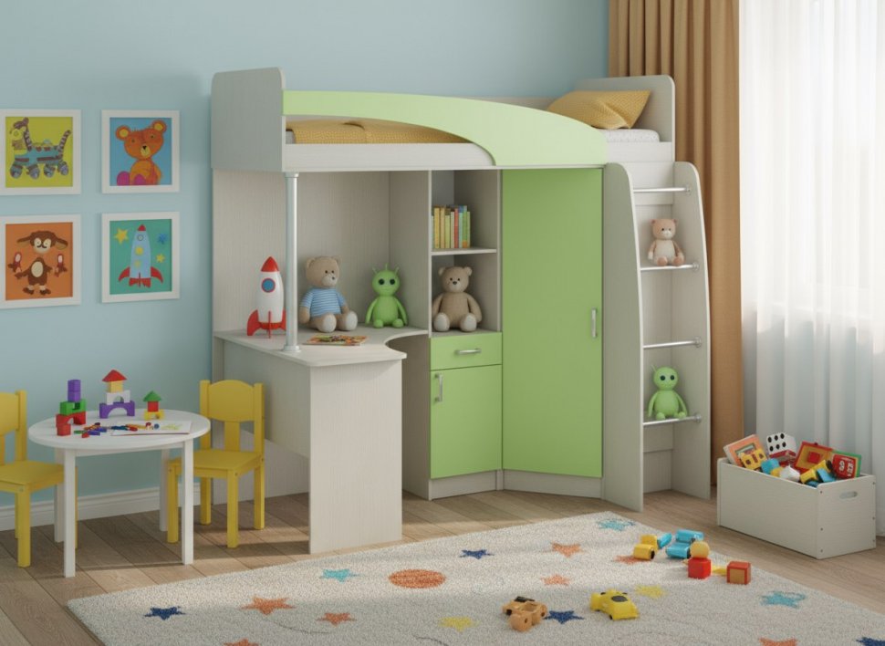 Карамель 77-01 кровать-чердак со столом Ясень анкор Светлый / Зеленый
