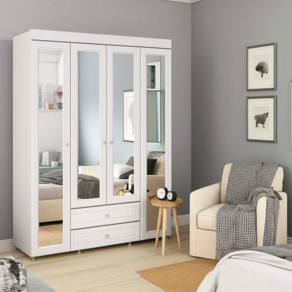 Шкаф 4-х дверный с ящиками и 4-я зеркалами Монако МН-64 белое дерево