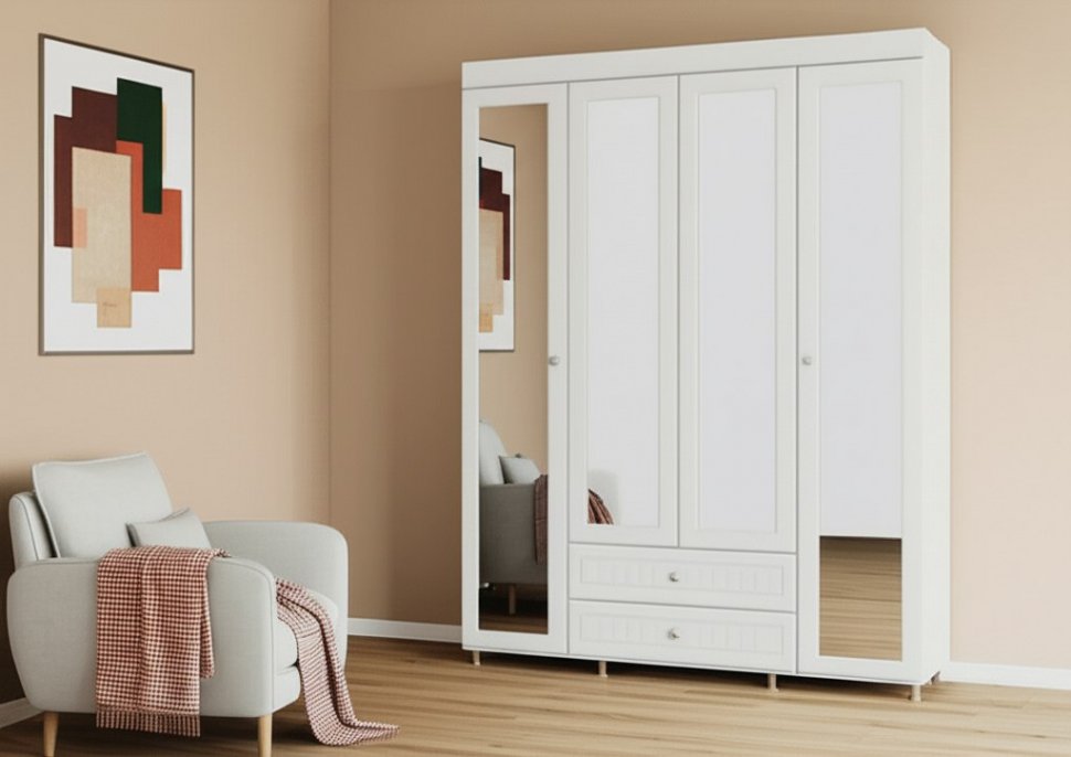 Шкаф 4-х дверный с ящиками и 4-я зеркалами Монако МН-64 белое дерево