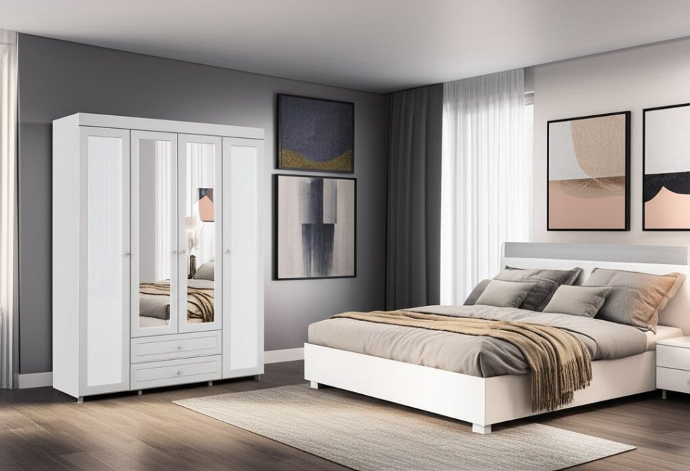 Шкаф 4-х дверный с ящиками и 4-я зеркалами Монако МН-64 белое дерево