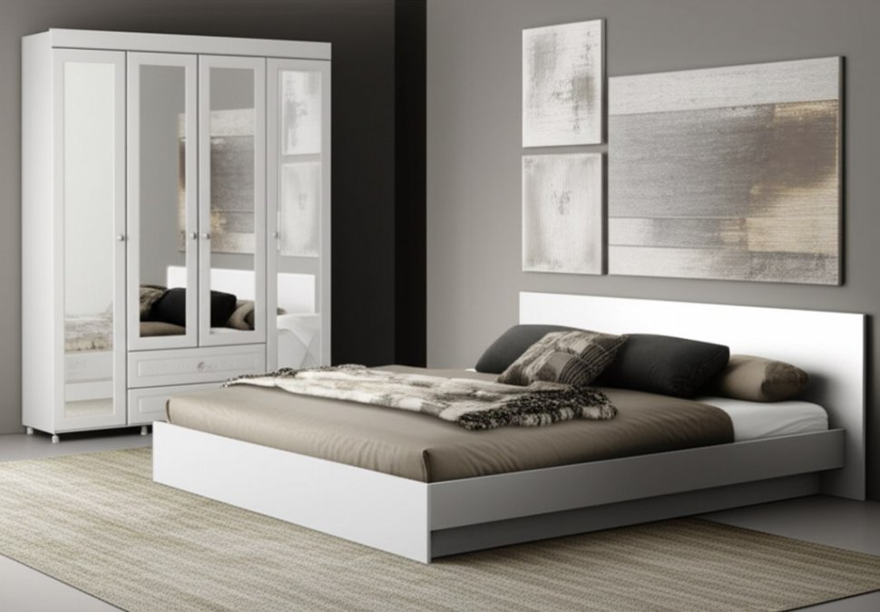 Шкаф 4-х дверный с ящиками и 4-я зеркалами Монако МН-64 белое дерево