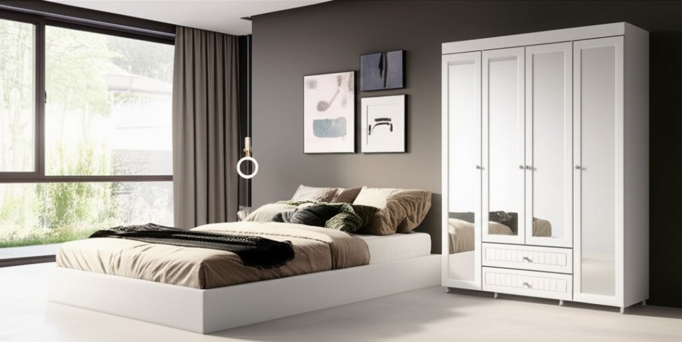 Шкаф 4-х дверный с ящиками и 4-я зеркалами Монако МН-64 белое дерево