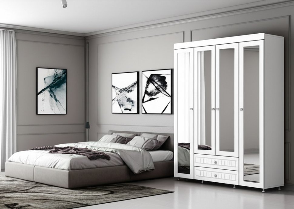 Шкаф 4-х дверный с ящиками и 4-я зеркалами Монако МН-64 белое дерево