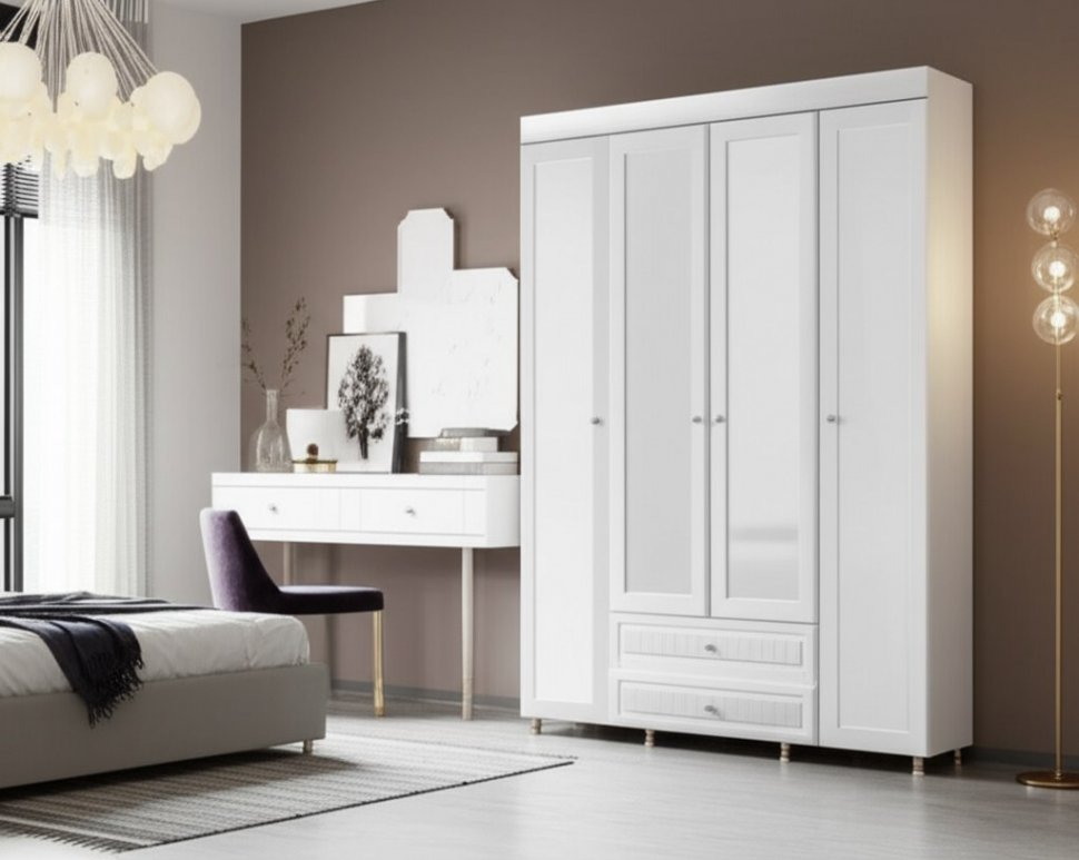 Шкаф 4-х дверный с ящиками и 4-я зеркалами Монако МН-64 белое дерево